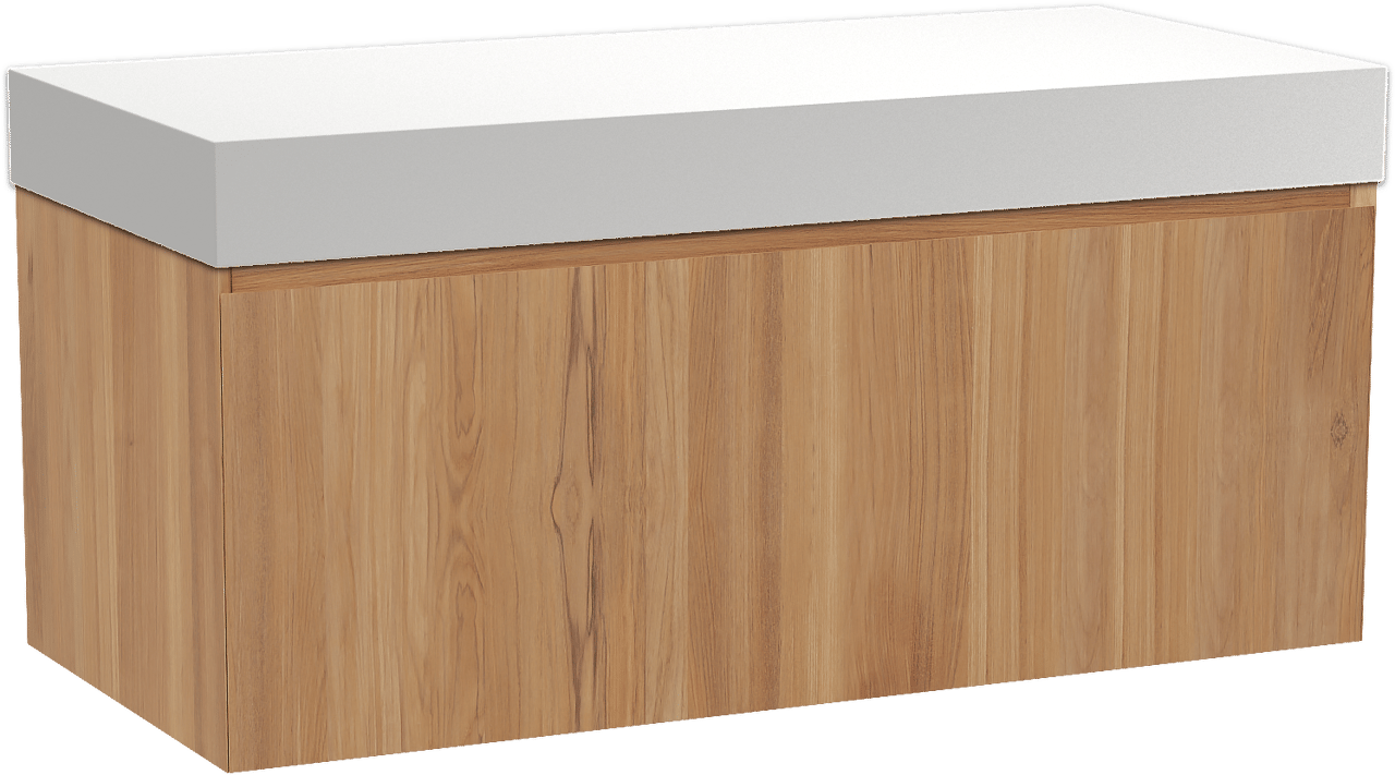 Balmani Idra by Mitra hängendes Möbelstück Set: 120 x 55 cm, Teak, mit Dominus Einzel- oder Doppel Waschtischplatte, Solid Surface Weiß matt