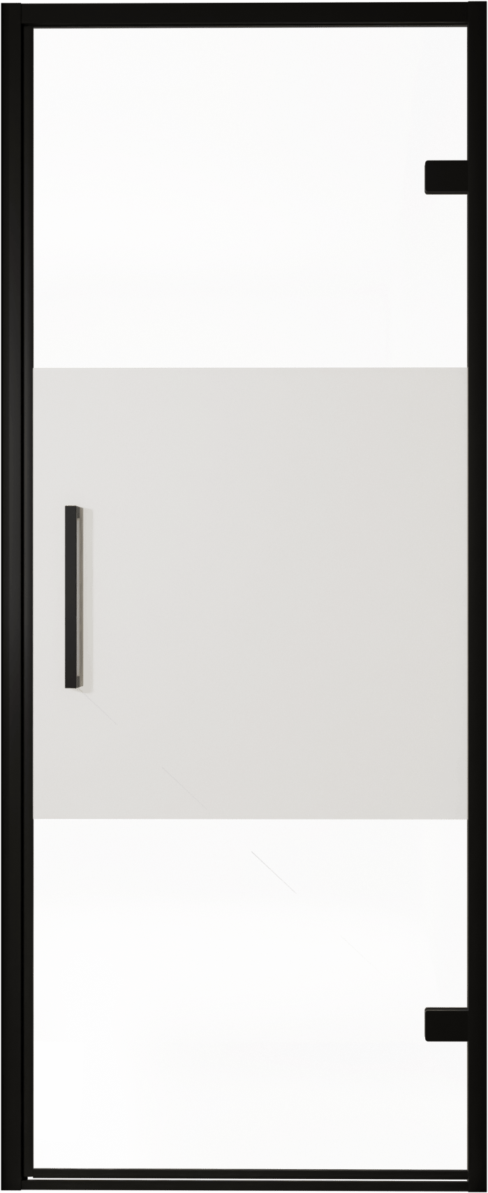 Balmani Senses Design douche draaideur rechts 90 cm x 210 cm Helder glas met matte strook, Zwarte profielen, met coating