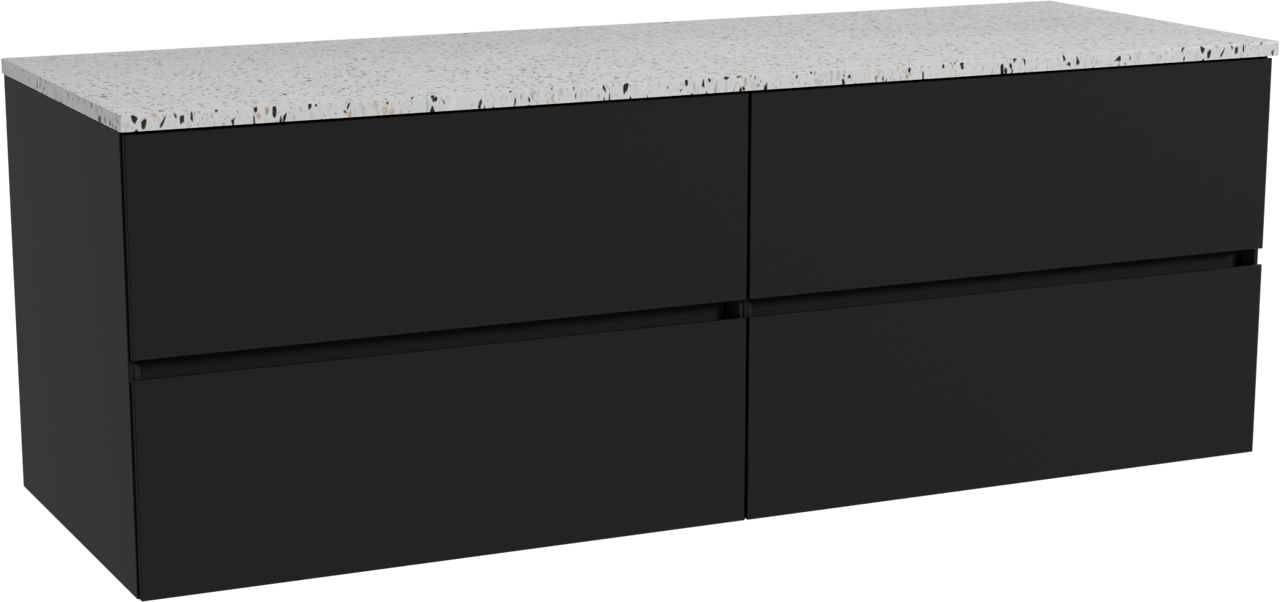 Storke Edge meuble salle de bains suspendu 150 x 52 cm noir mat avec Tavola tablette simple ou double en blanc/noir mat terrazzo