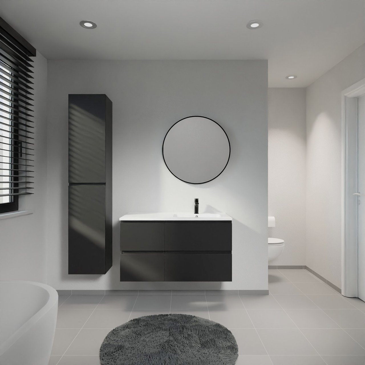 Linie Lado meuble salle de bains suspendu 100 x 46 cm noir mat avec Vano vasque asymétrique droite en marbre composite blanc mat