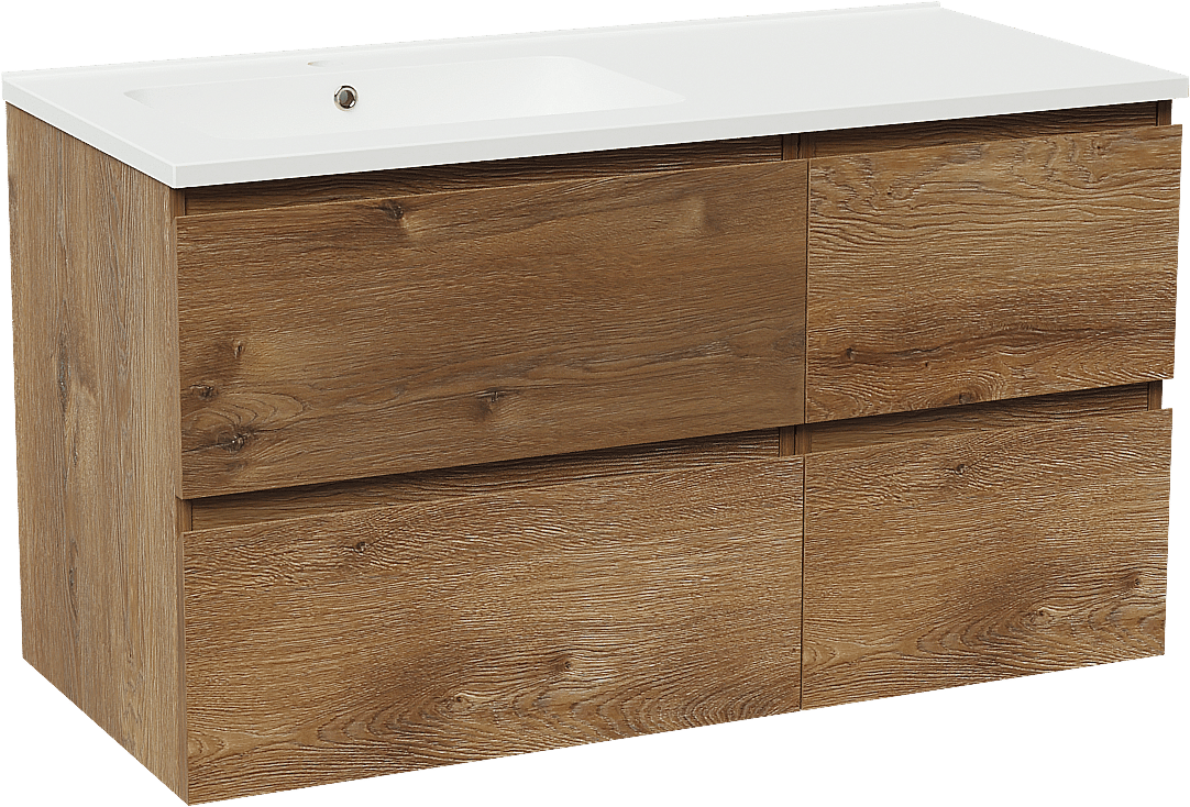 Linie Lado hängendes Möbelstück Set: 100 x 46 cm, Braune Eiche, mit Vano Waschtisch links, Marmorkomposit Weiß matt