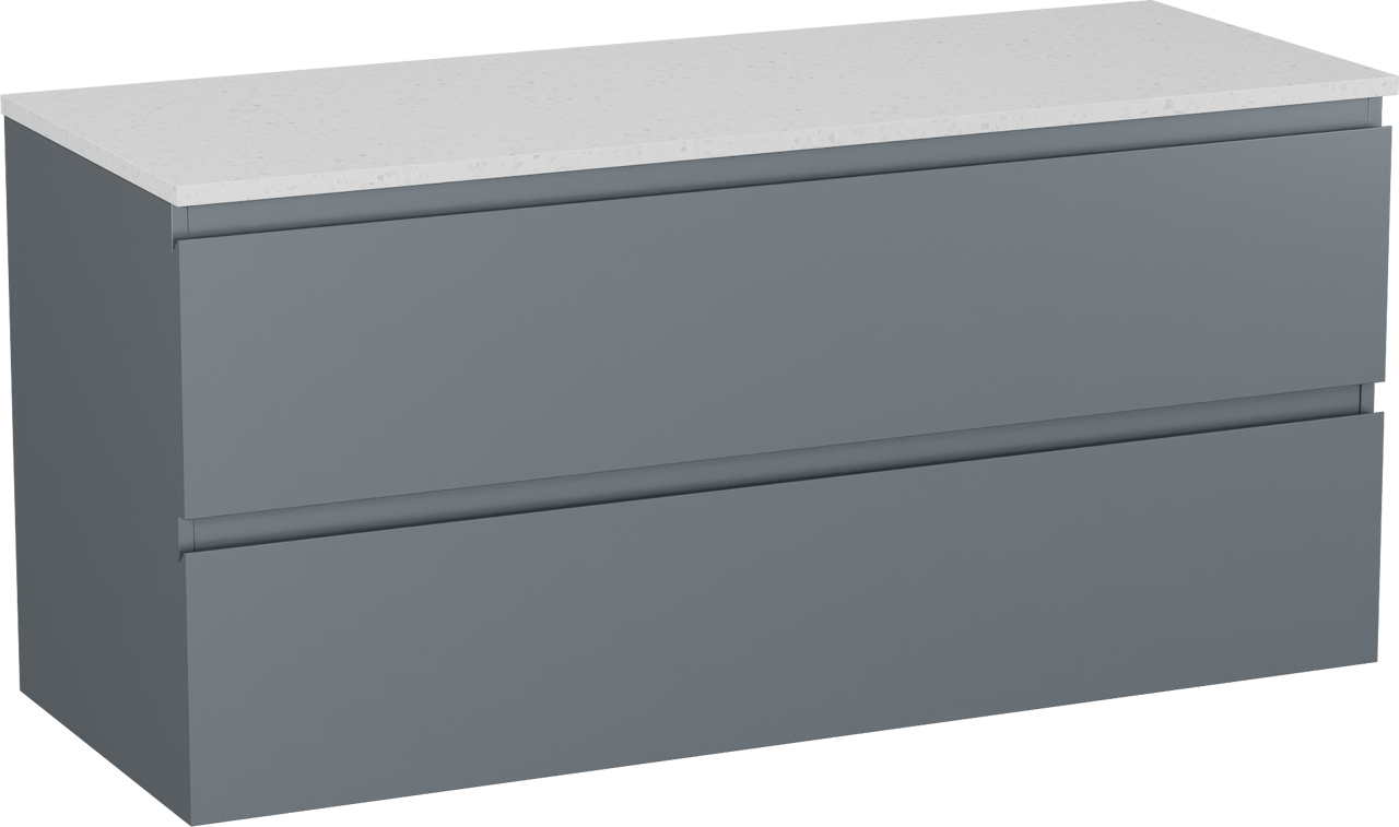 Linie Lado meuble salle de bains suspendu 120 x 46 cm bleu anthracite avec Lado tablette simple ou double en mélaminé terrazzo blanc