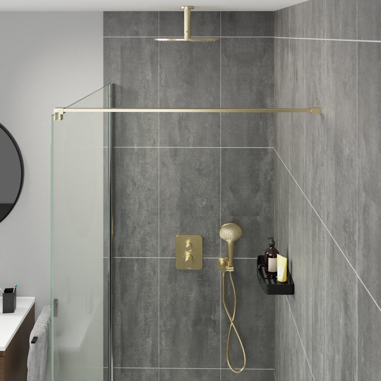Blaufoss Round handdoucheset 3 functies met muuraansluitbocht Brushed Champagne Gold