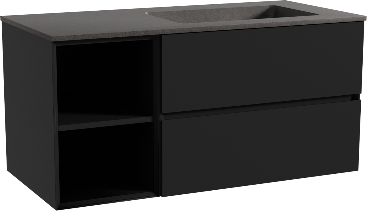 Storke Edge meuble salle de bains suspendu 110 x 52 cm noir mat avec Scuro plan vasque asymétrique à droite en quartz noir mat