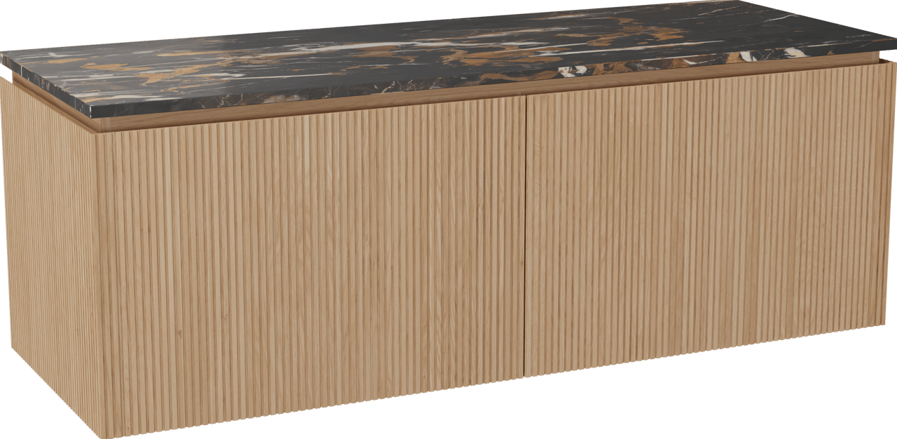 Balmani Eclips zwevend badmeubel 150 x 55 cm Natuur eiken met Stretto enkel of dubbel wastafelblad in Portoro Gold marmer, Verticale symmetrische rechte ribbel