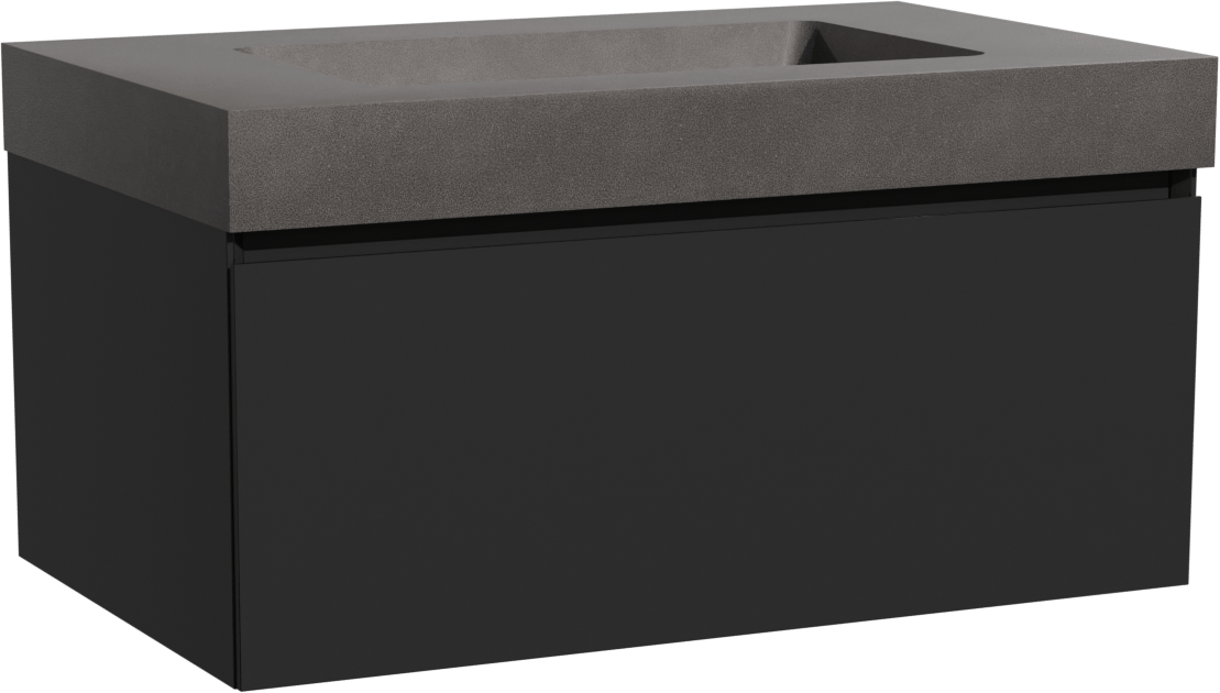 Storke Edge zwevend badmeubel 85 x 52 cm mat zwart met Scuro High enkele wastafel in kwarts mat zwart