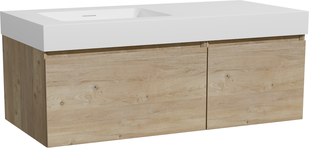 Storke Edge zwevend badmeubel 110 x 52 cm ruw eiken met Mata High asymmetrisch linkse wastafel in solid surface mat wit