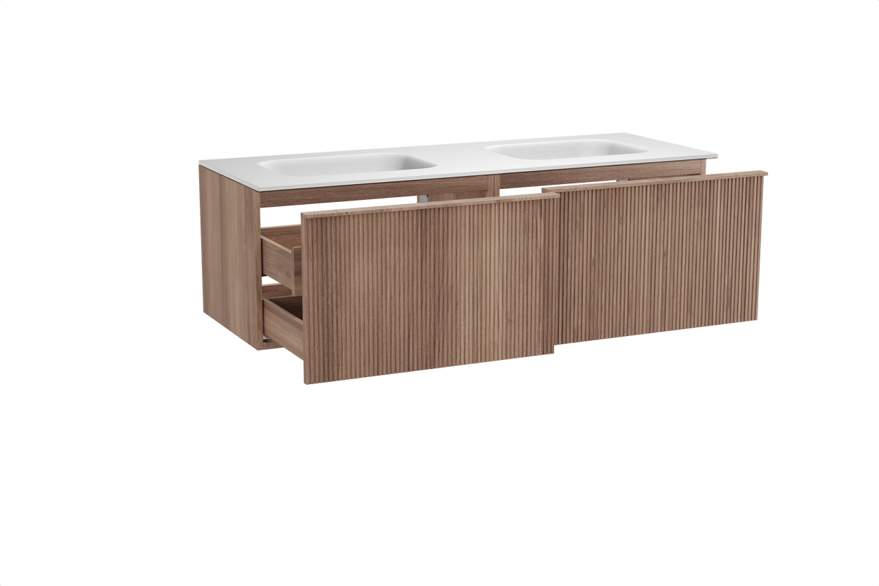Balmani Forma zwevend badmeubel 150 x 55 cm teakhout met Tablo Arcato dubbele wastafel in solid surface mat wit, Verticale symmetrische rechte ribbel