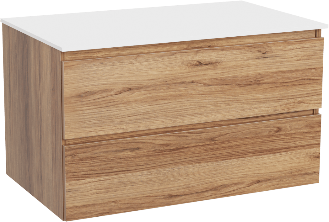 Balmani Lucida zwevend badkamermeubel 90 x 55 cm teak met Stretto enkel tablet in solid surface mat wit
