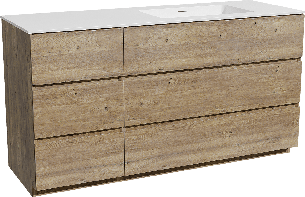 Storke Edge staand badkamermeubel 150 x 52 cm ruwe eik met Mata asymmetrisch rechtse wastafel in solid surface mat wit
