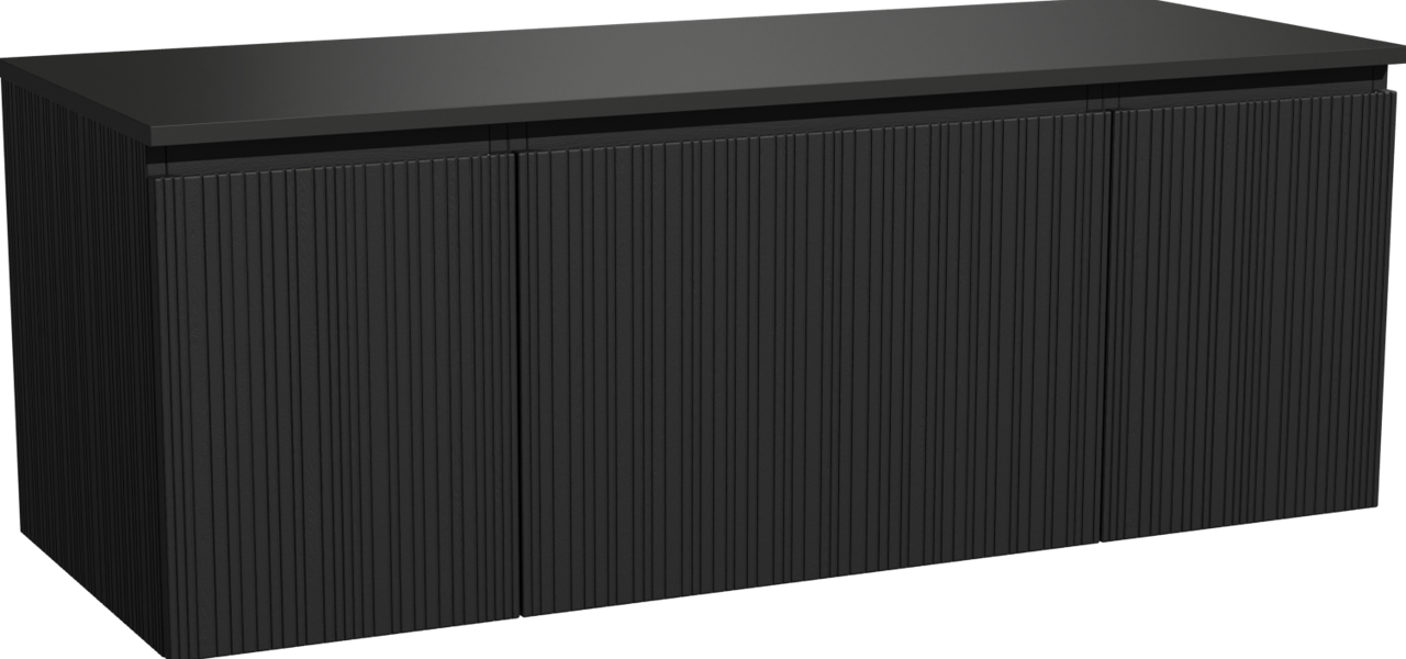 Storke Ribs zwevend badmeubel 135 x 52 cm zwart eiken met Panton enkel of dubbel wastafelblad in gepoedercoate mdf mat zwart, Verticale asymmetrische rechte ribbel