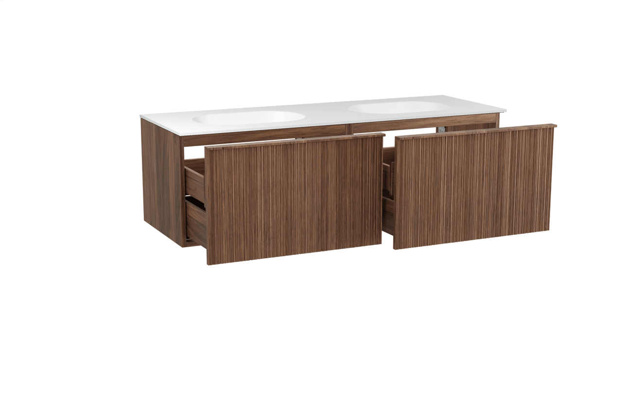 Balmani Forma zwevend badmeubel 150 x 55 cm amerikaans notenhout met Tablo Oval dubbele wastafel in solid surface mat wit, Verticale asymmetrische ronde ribbel