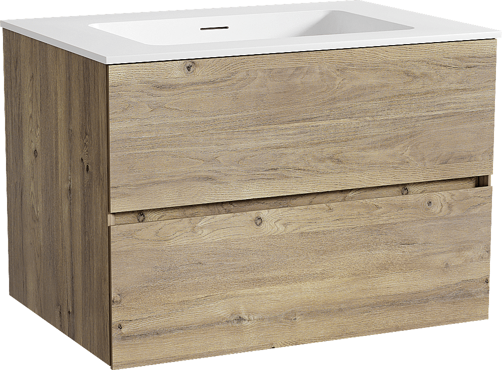 Storke Edge zwevend badkamermeubel 75 x 52 cm ruwe eik met Mata enkele wastafel in solid surface mat wit