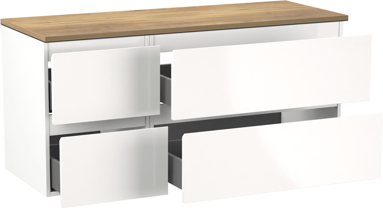 Linie Lado meuble salle de bains suspendu 120 x 46 cm blanc brillant avec Lado tablette simple ou double en mélaminé chêne naturel