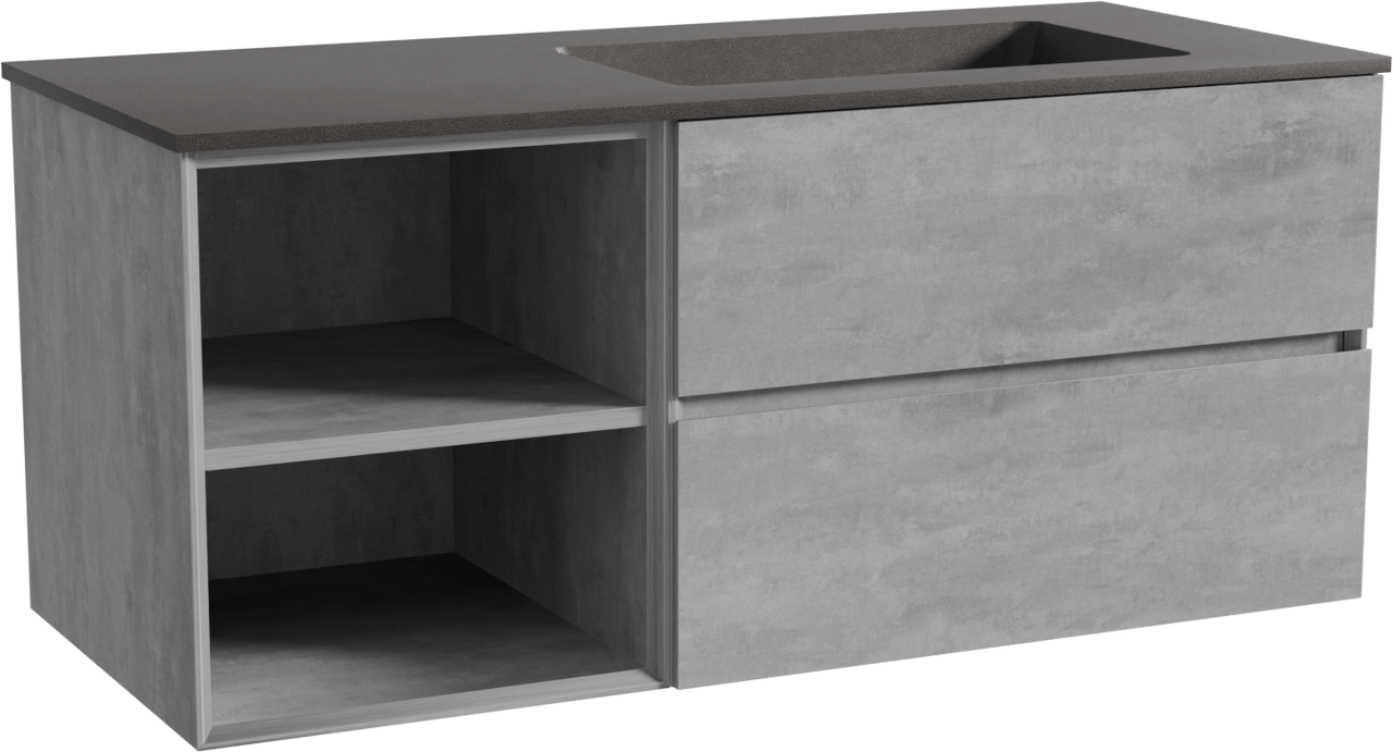 Storke Edge zwevend badmeubel 120 x 52 cm beton donkergrijs met Scuro asymmetrisch rechtse wastafel in kwarts mat zwart
