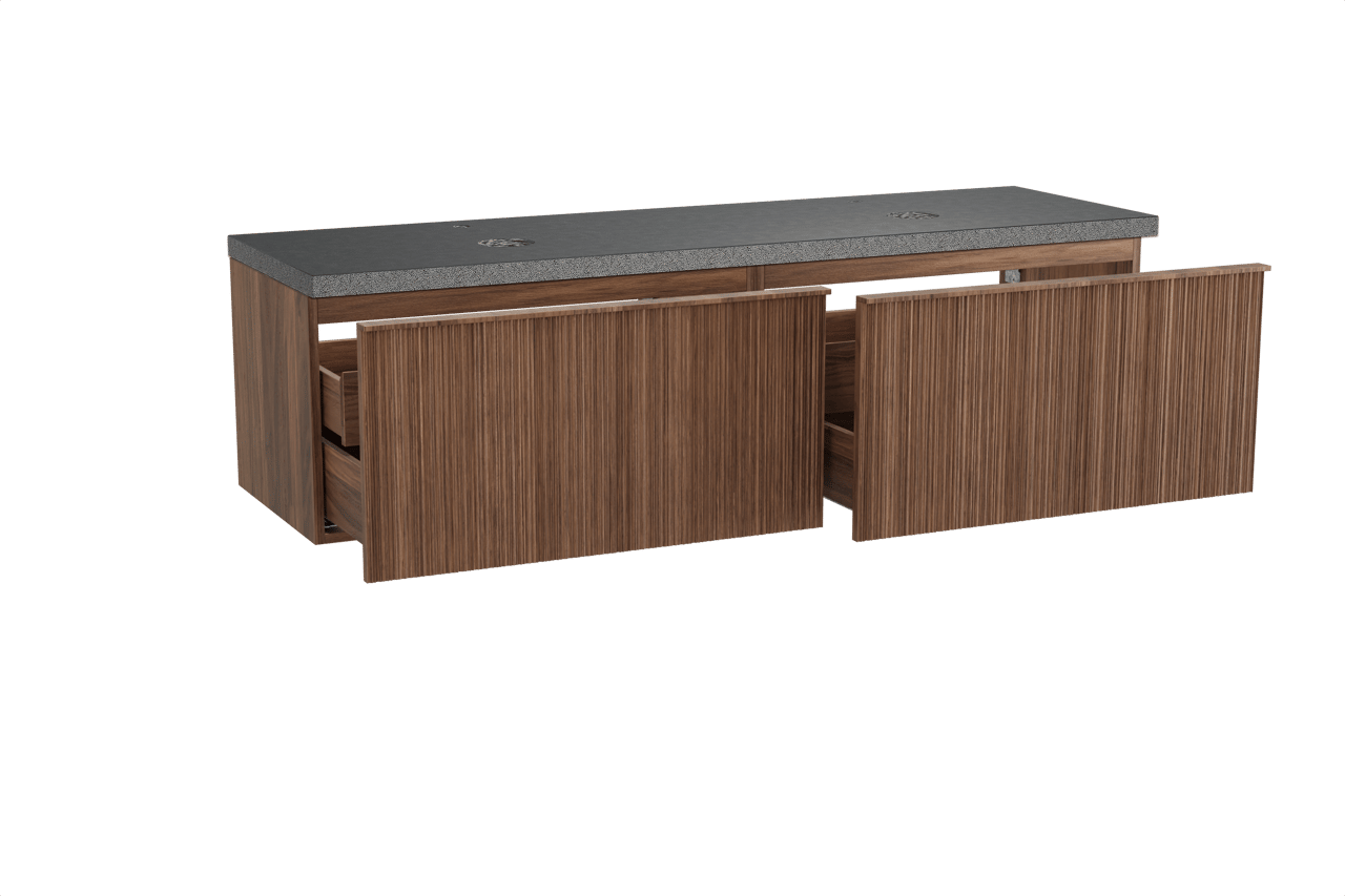 Balmani Forma zwevend badkamermeubel 180 x 55 cm amerikaanse notelaar met Rock dubbel tablet in graniet zwart, Verticale asymmetrische ronde ribbel