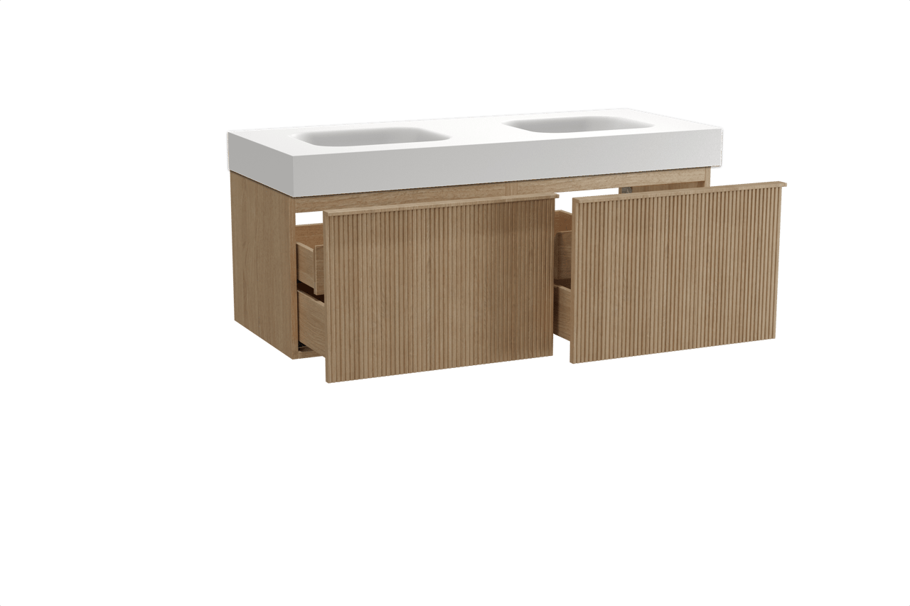 Balmani Forma zwevend badkamermeubel 135 x 55 cm natuur eik met Arcato dubbele wastafel in solid surface mat wit, Verticale symmetrische rechte ribbel