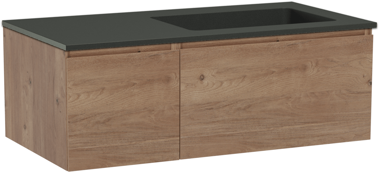 Storke Edge zwevend badmeubel 100 x 52 cm ruw eiken met Scuro asymmetrisch rechtse wastafel in kwarts mat zwart