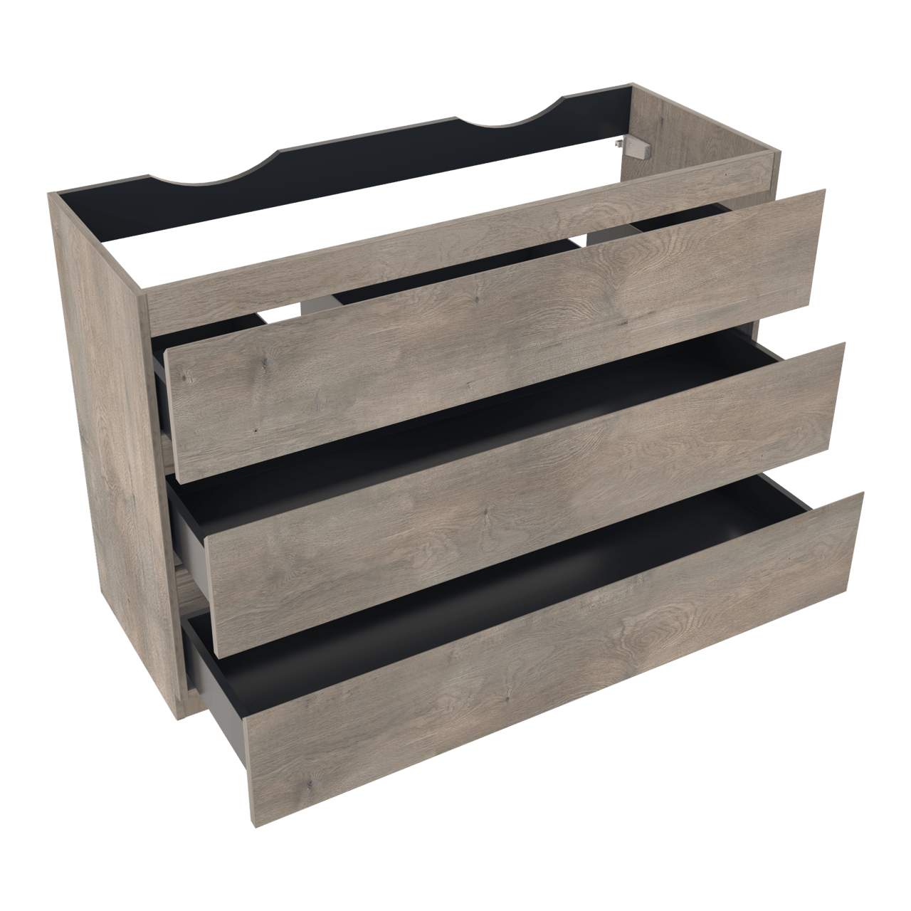 Linie Lado stehender Waschbeckenunterschrank: 120 x 46 cm, graue Eiche, 3 Schubladen, 2 Siphonaussparungen