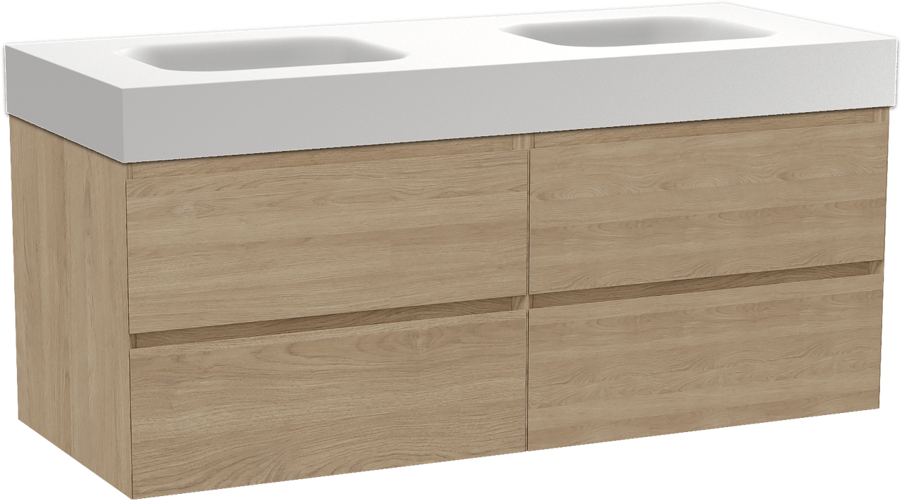 Balmani Mitra zwevend badkamermeubel 135 x 55 cm natuur eik met Arcato dubbele wastafel in solid surface mat wit