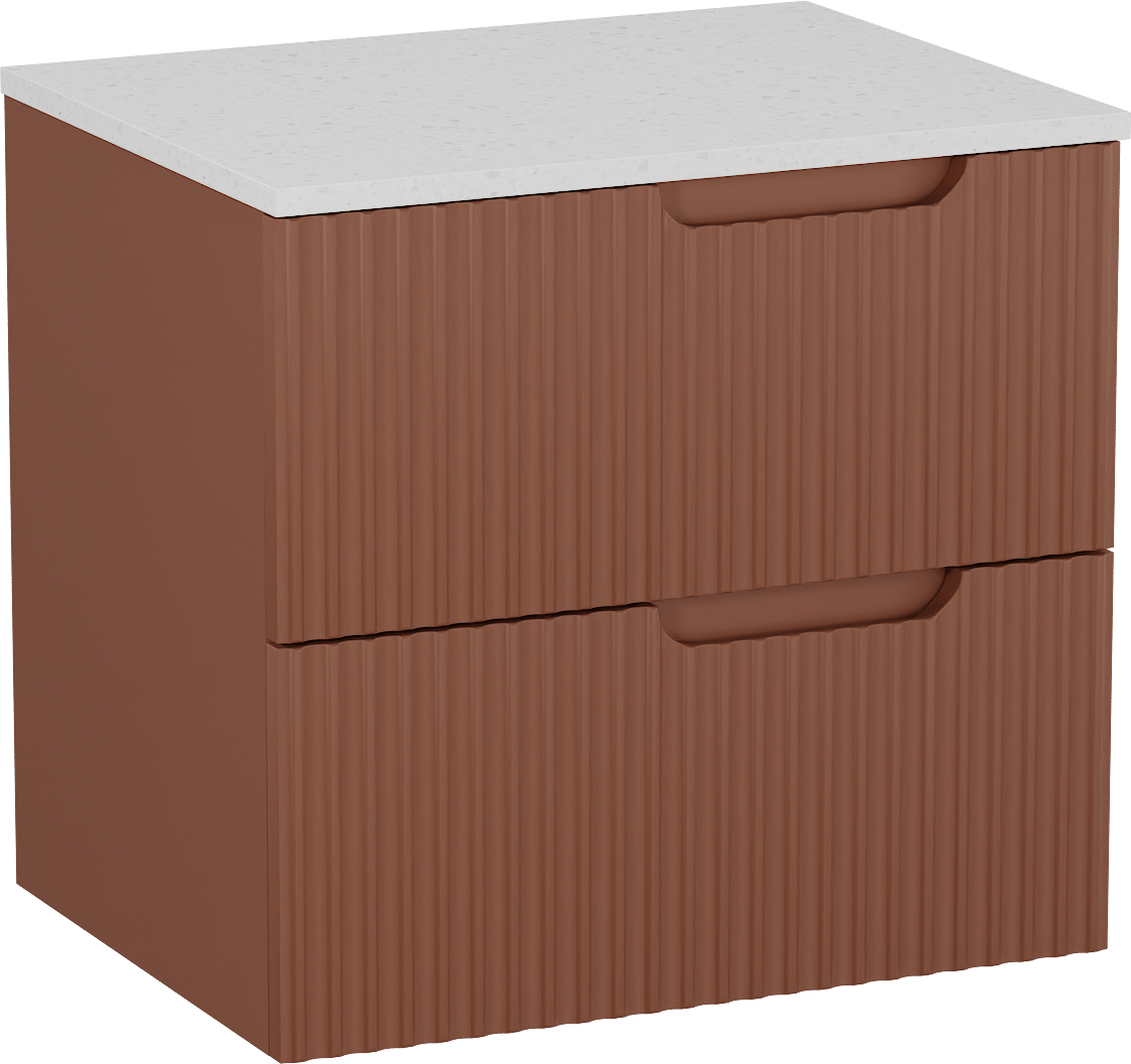 Linie Ribbo zwevend badkamermeubel 60 x 46 cm cotto met Lado enkel tablet in melamine terrazzo wit, Verticale symmetrische ronde ribbel