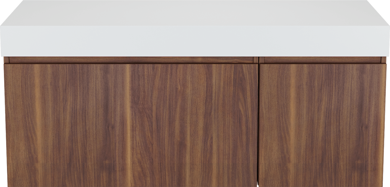 Balmani Sfera by Lucida zwevend badmeubel 135 x 55 cm amerikaans notenhout met Dominus enkel of dubbel wastafelblad in solid surface mat wit