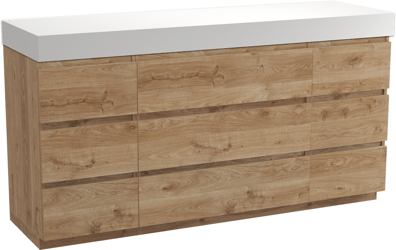 Balmani Lucida meuble salle de bains à poser 180 x 55 cm chêne brut avec Dominus tablette simple ou double en solid surface blanc mat