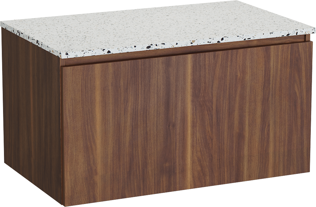Balmani Sfera by Lucida zwevend badkamermeubel 90 x 55 cm amerikaanse notelaar met Stretto enkel tablet in mat wit/zwart terrazzo