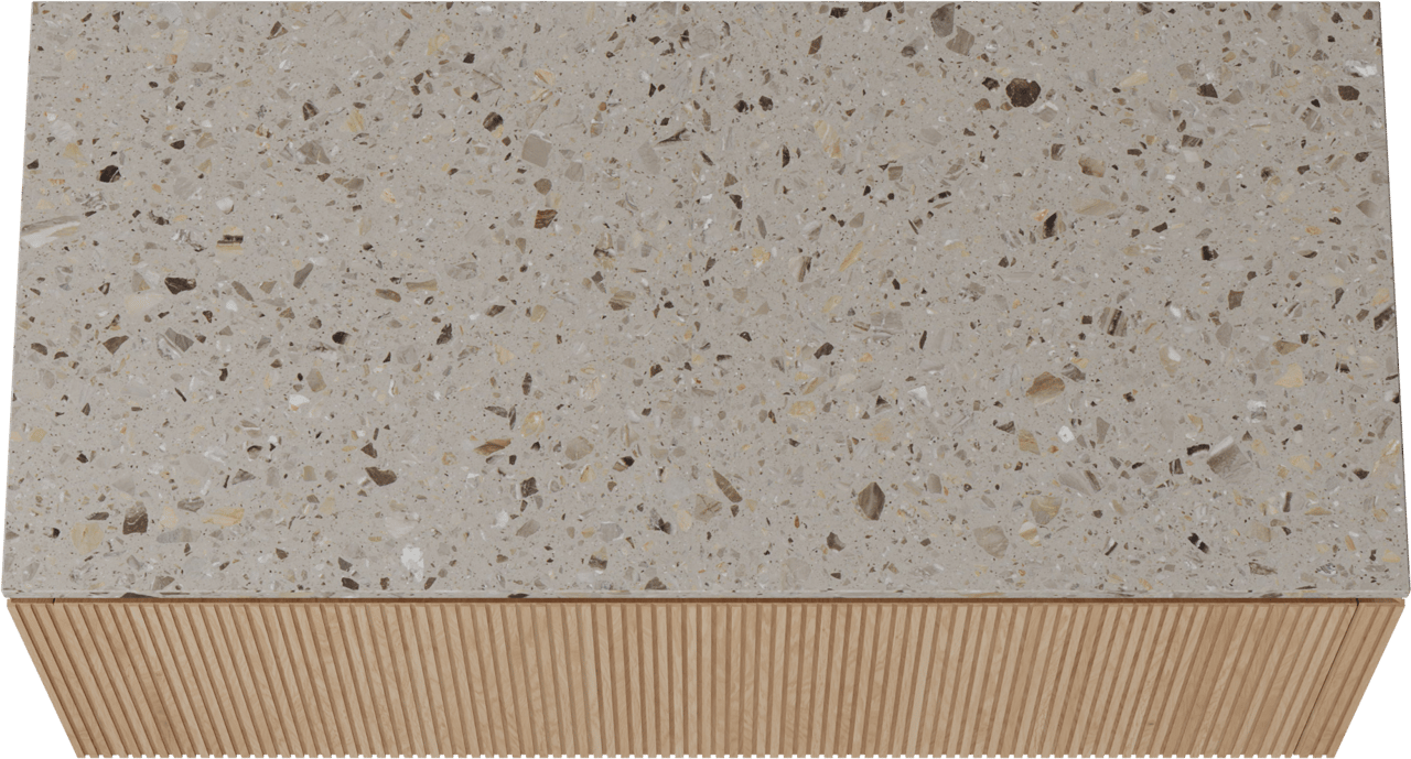 Balmani Eclips meuble salle de bains suspendu 120 x 55 cm Chêne naturelle avec Stretto tablette simple ou double vasque en Terrazzo greige, Nervure droite symétrique verticale