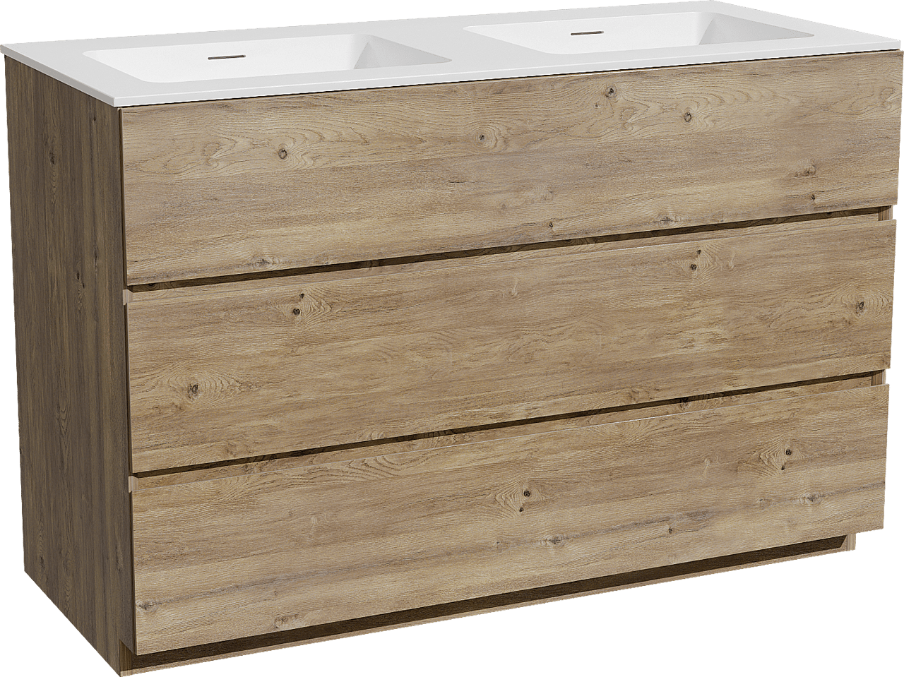 Storke Edge staand badkamermeubel 120 x 52 cm ruwe eik met Mata dubbele wastafel in solid surface mat wit