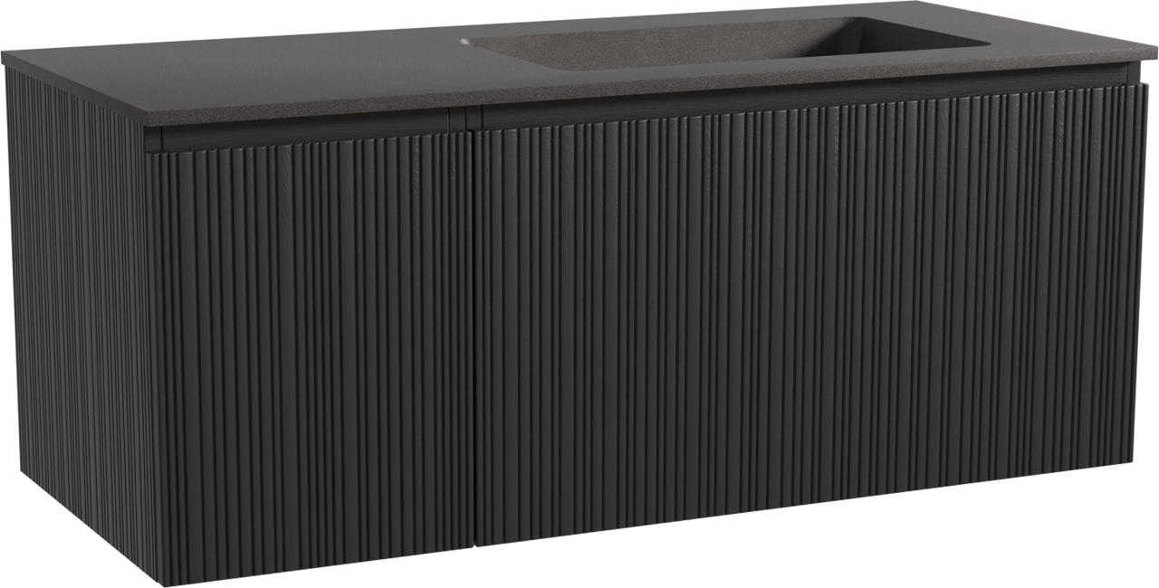 Storke Ribs zwevend badmeubel 120 x 52 cm zwart eiken met Scuro asymmetrisch rechtse wastafel in kwarts mat zwart, Verticale asymmetrische rechte ribbel