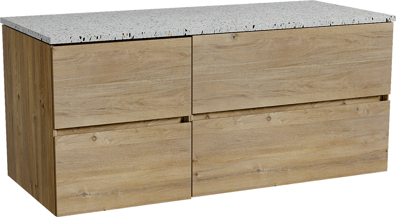 Storke Edge zwevend badmeubel 120 x 52 cm ruw eiken met Tavola enkel of dubbel wastafelblad in mat wit/zwart terrazzo