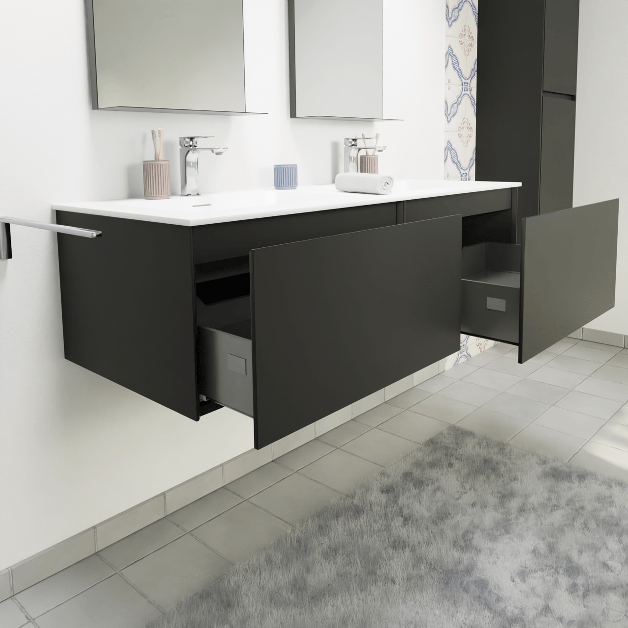 Storke Edge zwevend badmeubel 130 x 52 cm mat zwart met Mata dubbele wastafel in solid surface mat wit