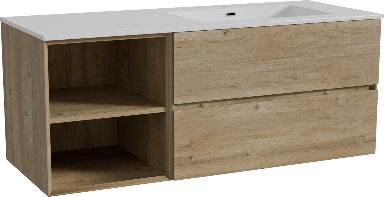 Storke Edge zwevend badmeubel 130 x 52 cm ruw eiken met Diva asymmetrisch rechtse wastafel in composietmarmer hoogglans wit