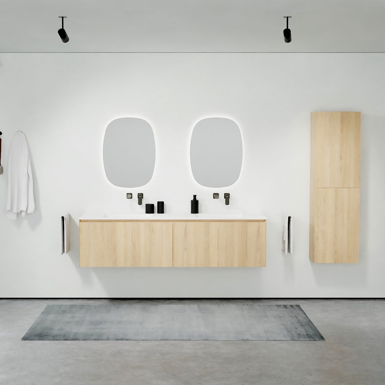 Balmani Idra by Mitra hängendes Möbelstück Set: 180 x 55 cm, Naturbelassene Eiche, mit Tablo Arcato Doppelwaschtisch, Solid Surface Weiß matt