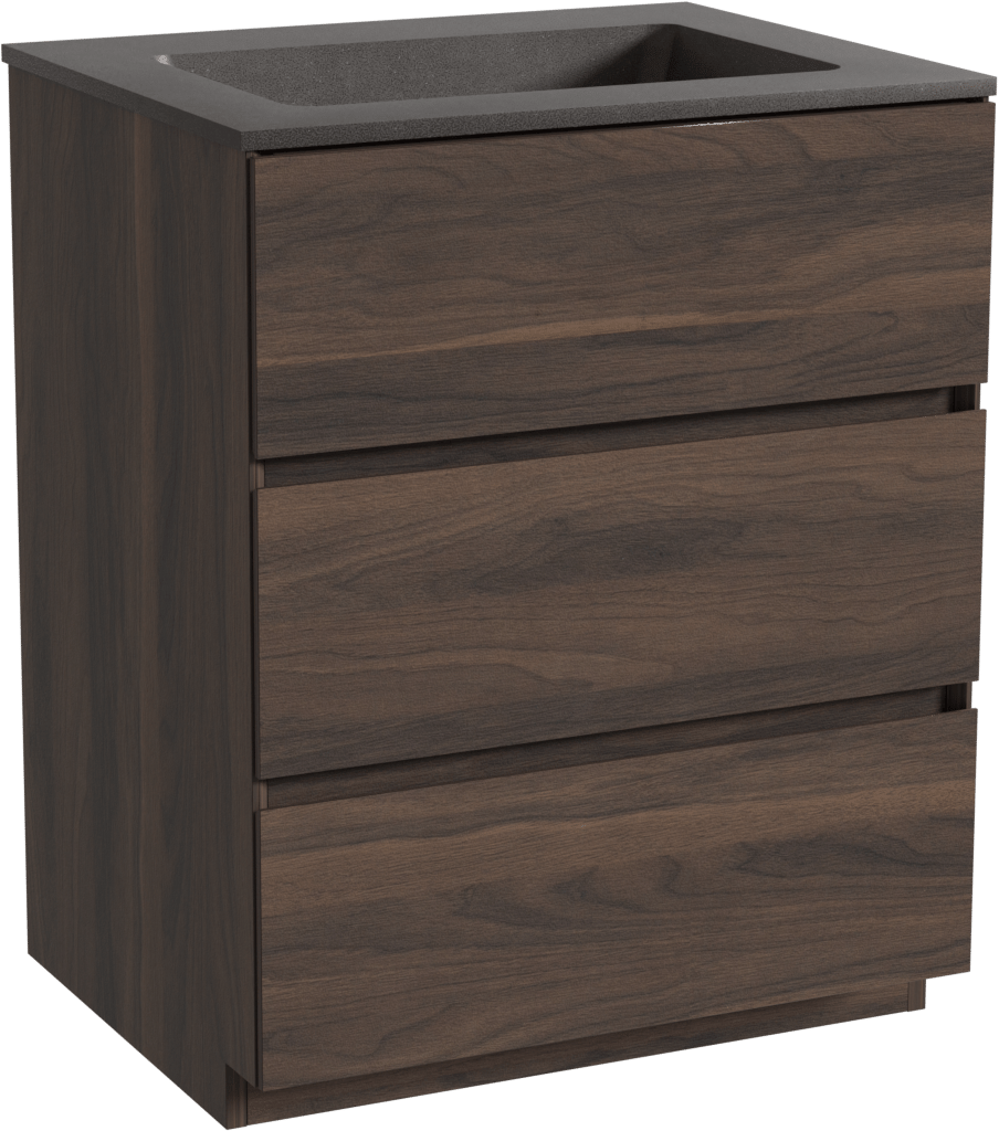 Storke Edge freistehendes Möbelstück Set: 65 x 52 cm, Nussbaum, mit Scuro Einzelwaschtisch, Quarz Schwarz matt