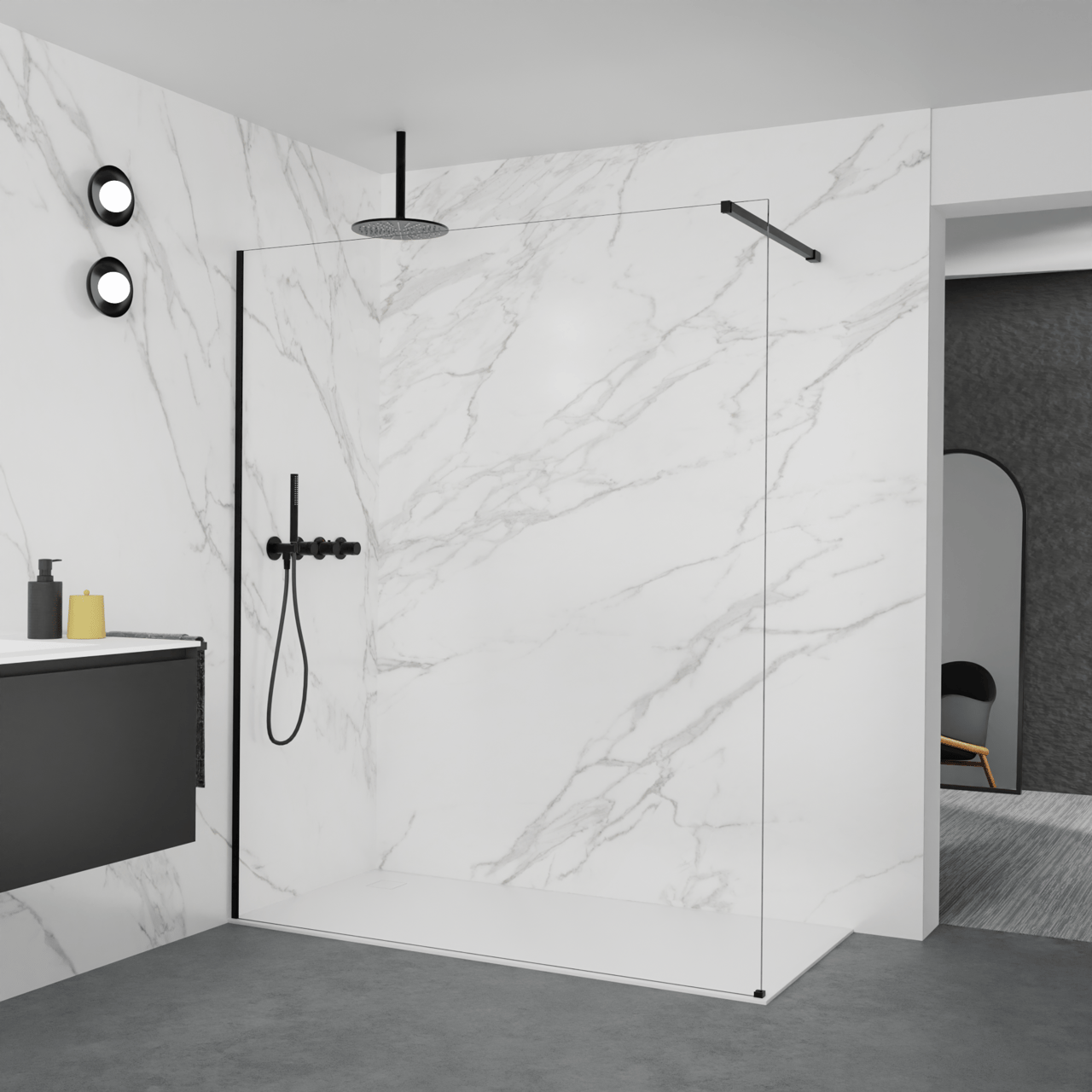 Balmani Modular Walk-In Dusche: 170 x 200 cm, Klarglas, inklusive Coating, Profil Schwarz matt
