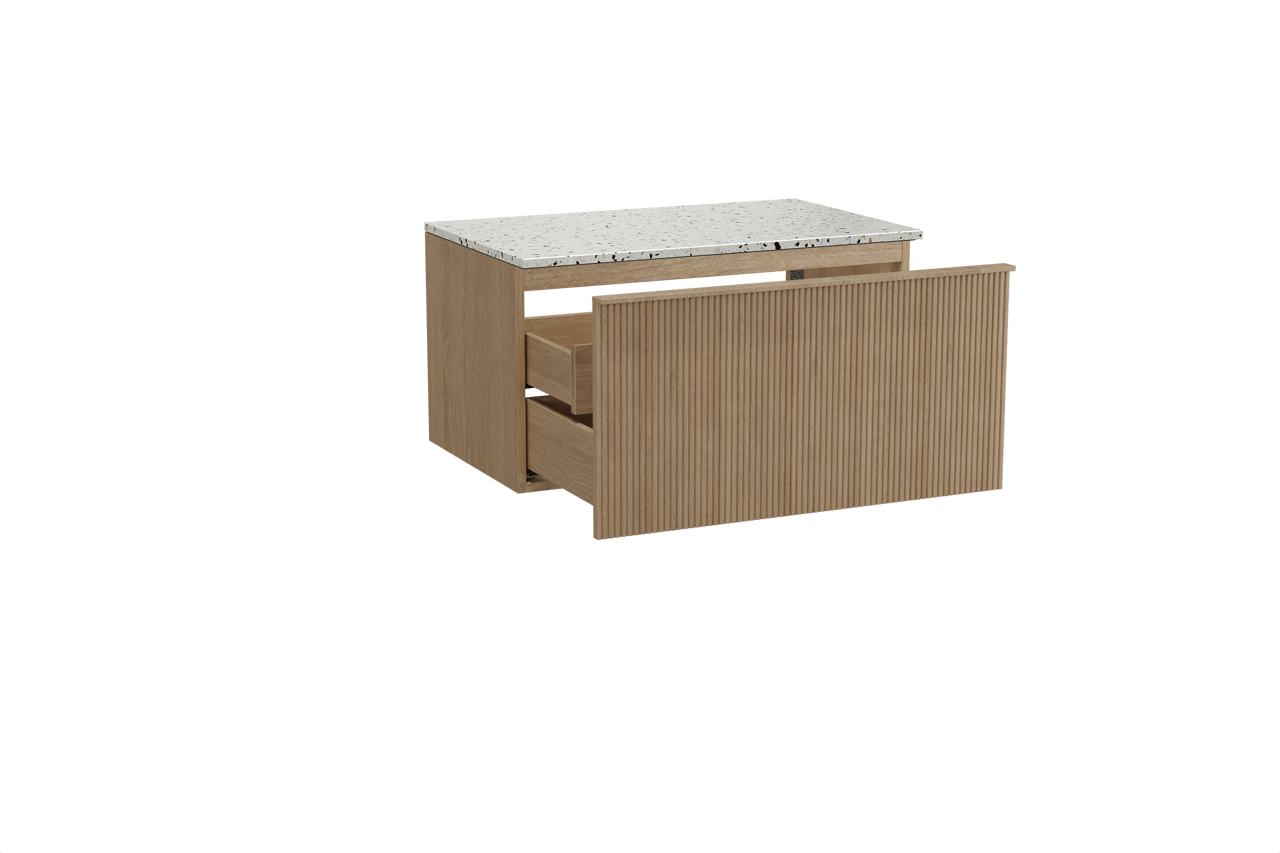 Balmani Forma meuble salle de bains suspendu 90 x 55 cm chêne naturel avec Stretto tablette simple en blanc/noir mat terrazzo, Nervure droite symétrique verticale