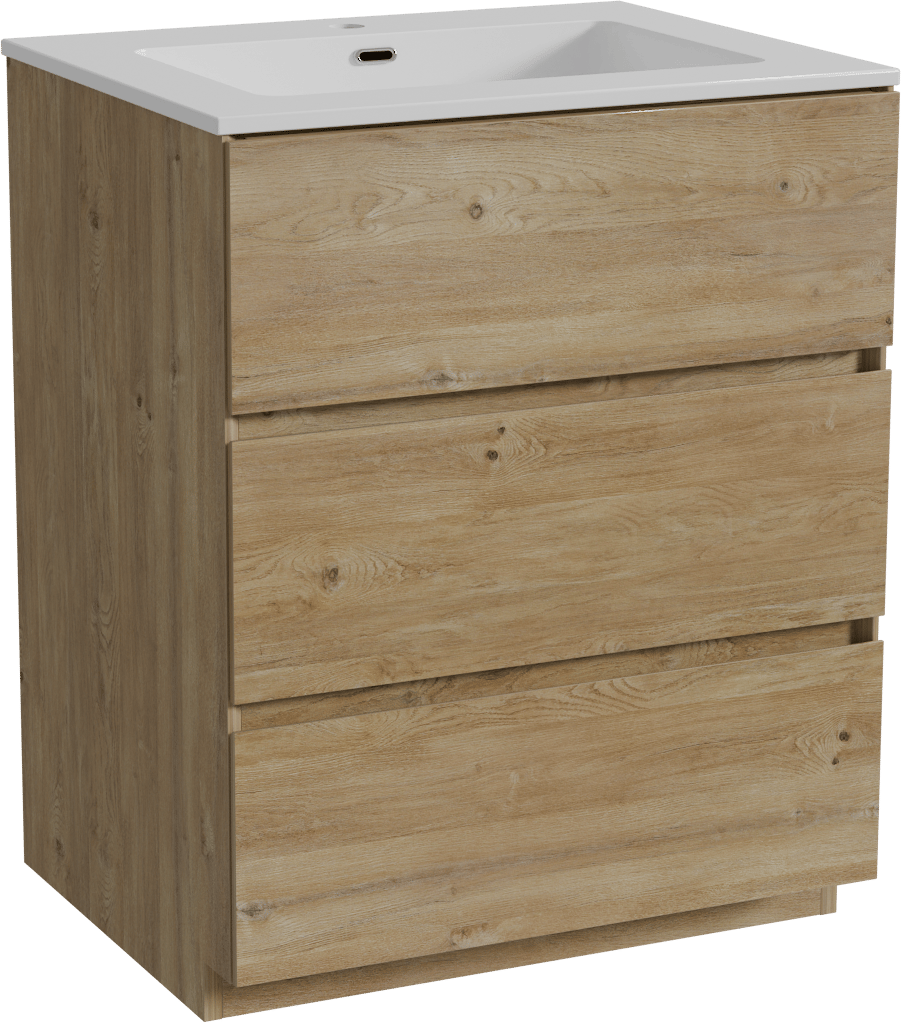 Storke Edge staand badkamermeubel 65 x 52 cm ruwe eik met Diva enkele wastafel in composietmarmer glanzend wit