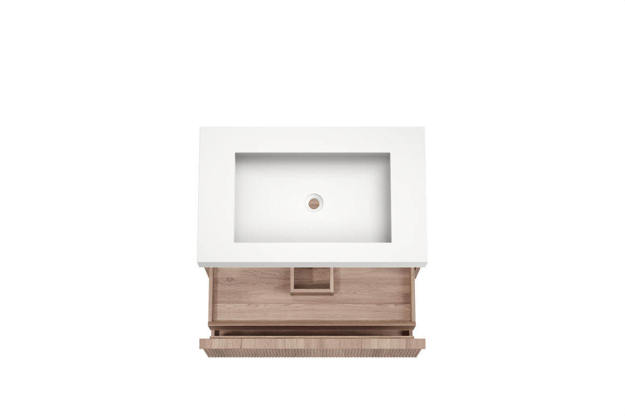 Balmani Forma hängendes Möbelstück Set: 90 x 55 cm, Teak, mit Modus Einzelwaschtisch, Solid Surface, Weiß matt, Vertikale symmetrische gerade Rippe
