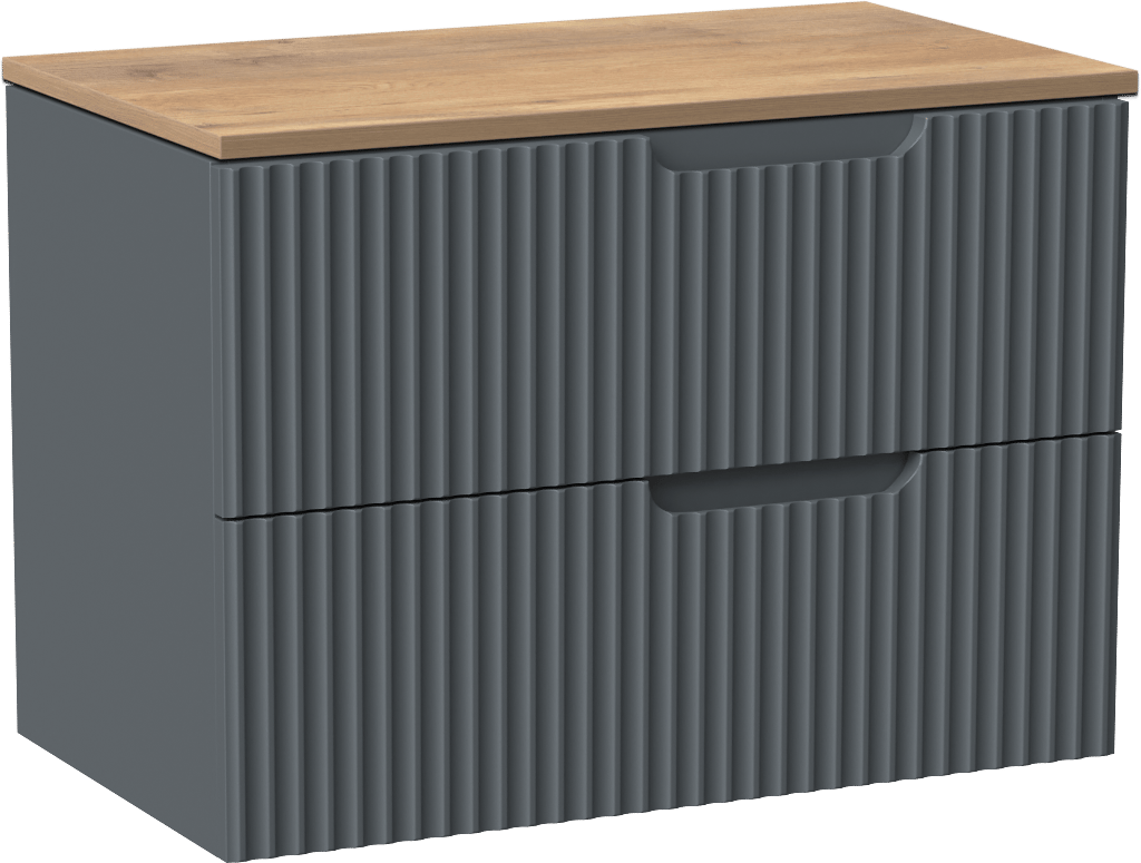 Linie Ribbo zwevend badkamermeubel 80 x 46 cm blauw antraciet met Lado enkel tablet in melamine natuur eik, Verticale symmetrische ronde ribbel
