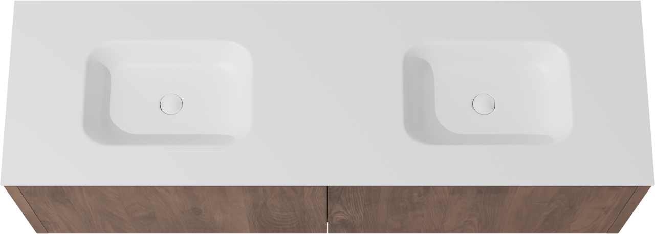 Balmani Eclips zwevend badmeubel 180 x 55 cm Amerikaans notenhout met Tablo Arcato dubbele wastafel in Solid Surface mat wit