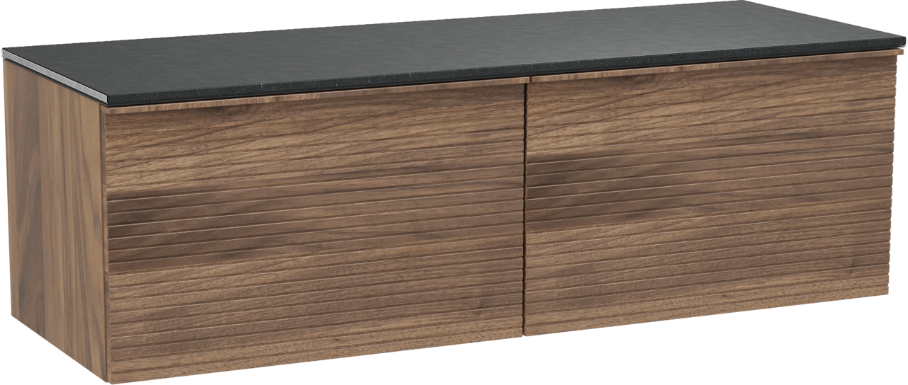 Balmani Forma zwevend badmeubel 150 x 55 cm amerikaans notenhout met Stretto enkel of dubbel wastafelblad in zwart graniet, Horizontale symmetrische rechte ribbel
