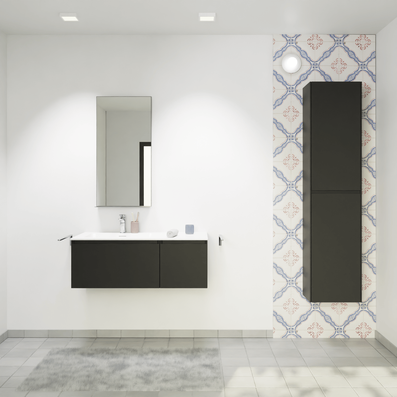 Storke Edge zwevend badmeubel 100 x 52 cm mat zwart met Mata asymmetrisch linkse wastafel in solid surface mat wit