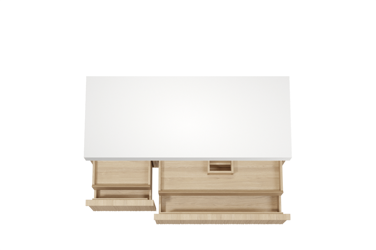 Balmani Forma hängendes Möbelstück Set: 135 x 55 cm, Naturbelassene Eiche, mit Dominus Einzel- oder Doppel Waschtischplatte, Solid Surface, Weiß matt, Vertikale asymmetrische Runde Rippe