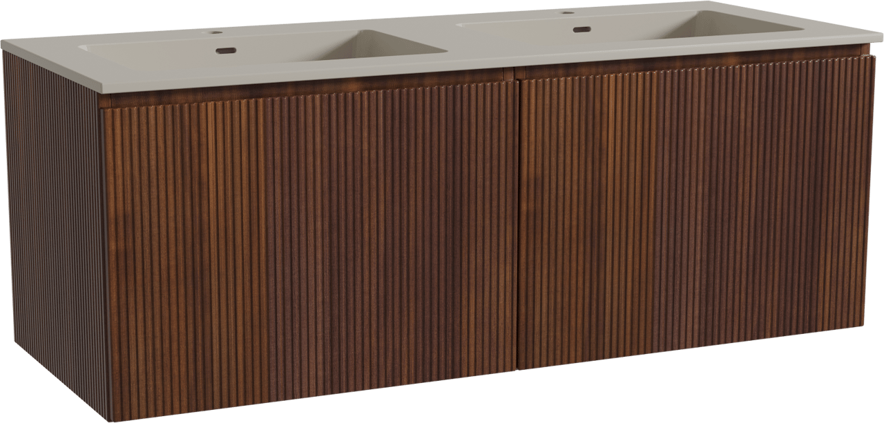Storke Ribs zwevend badmeubel 130 x 52 cm notenhout met Diva dubbele wastafel in top solid zijdegrijs, Verticale symmetrische rechte ribbel