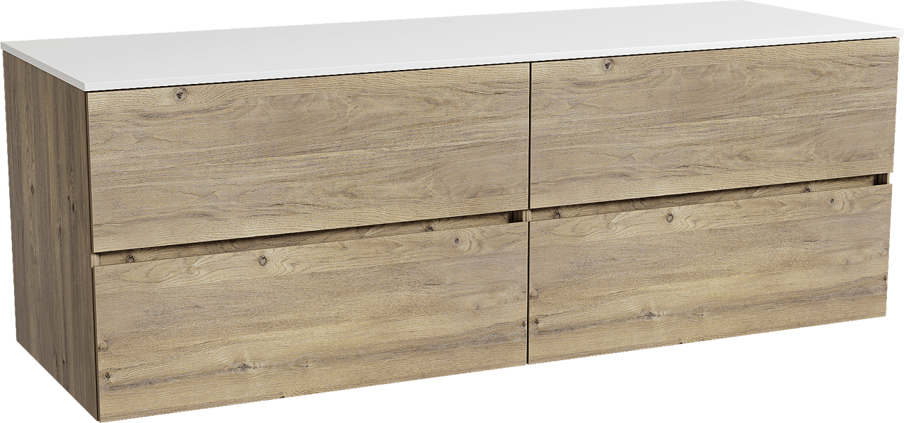 Storke Edge zwevend badmeubel 150 x 52 cm ruw eiken met Tavola enkel of dubbel wastafelblad in solid surface mat wit