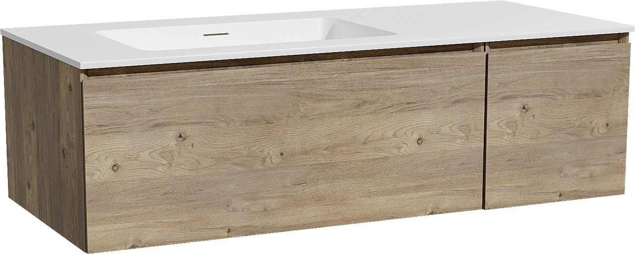 Storke Edge hängendes Möbelstück Set: 120 x 52 cm, Rohe Eiche, mit Mata Waschtisch links, Solid Surface Weiß matt