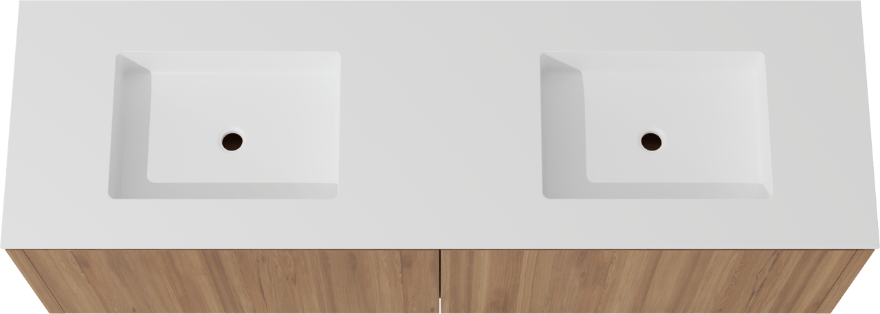 Balmani Eclips zwevend badkamermeubel 180 x 55 cm Teak met Tablo Stretto dubbele wastafel in Solid Surface mat wit