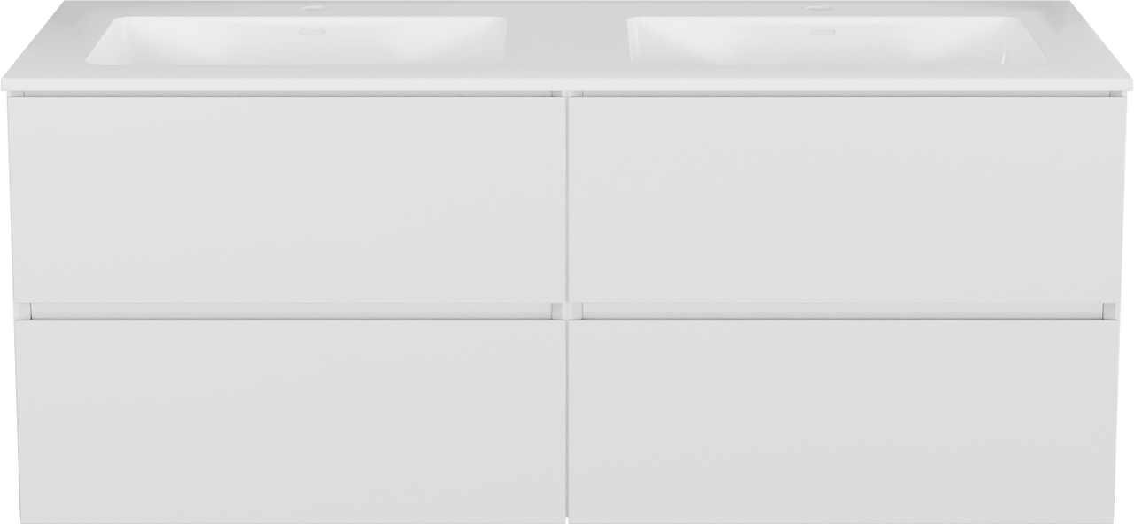 Storke Edge meuble salle de bains suspendu 130 x 52 cm blanc brillant avec Bilia double vasque en marbre composite blanc brillant